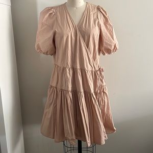 Tan Cotton Poplin Wrap Tiered Puff Sleeve Mini Dress